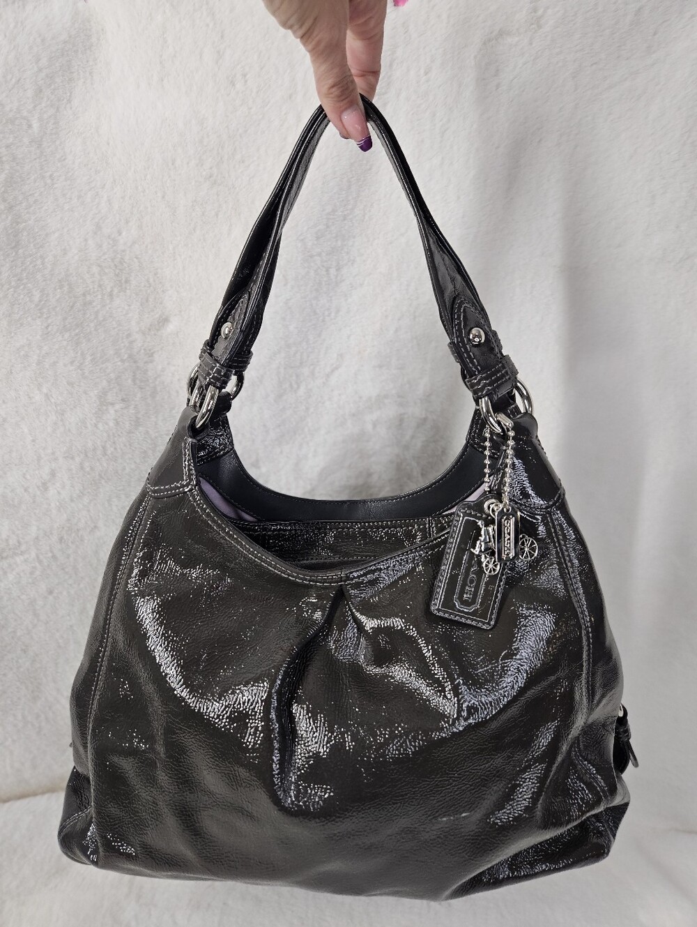 Coach Maggie Graphite Gray Patent Leather Shoulder Bag With COA